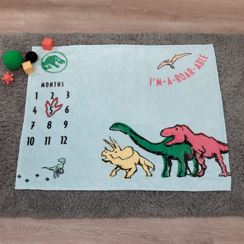 I'm-a-Roar-able Dinosaur Milestone Baby Blanket, Super Soft, Blue, Green, Orange, Yellow, Jurassic World Theme