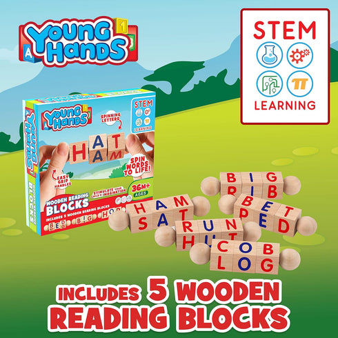 Wooden Reading Blocks, Creative Kids Set of 5 Spinning Alphabet Blocks w/Easy-Grip Handles - Kindergarten Preschool