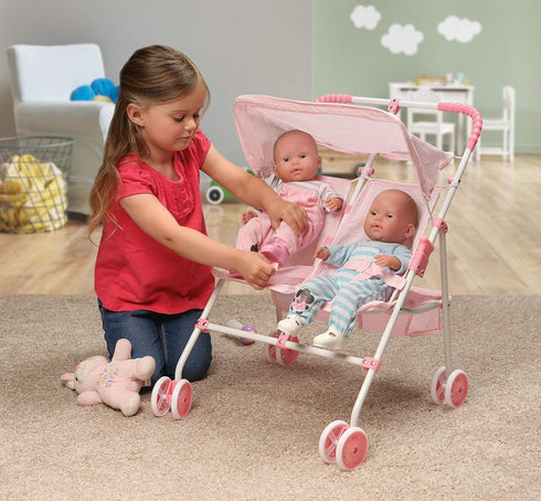 Badger Basket Double Doll Stroller - Foldable Tandem Stroller for Dolls with Canopy, Basket & Safety Belts