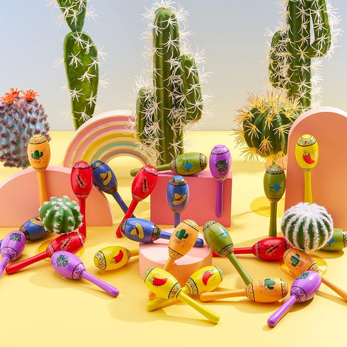 JOYIN 24 Mini Wooden Fiesta Maracas, 6 Designs Noisemaker for Mexican Fiesta, Birthday Parties, Luau Party Favors