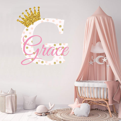 Girls Nursery Personalized Polka Dot Initial and Glitter Crown Custom Name Vinyl