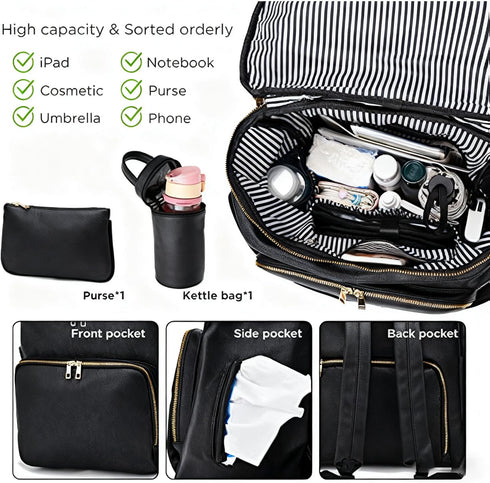 RSENFREMIOR Backpack Large Diaper Bag with USB Port, Vegan Leather Diaper Tote, Hospital Bag for Labor, Stroller