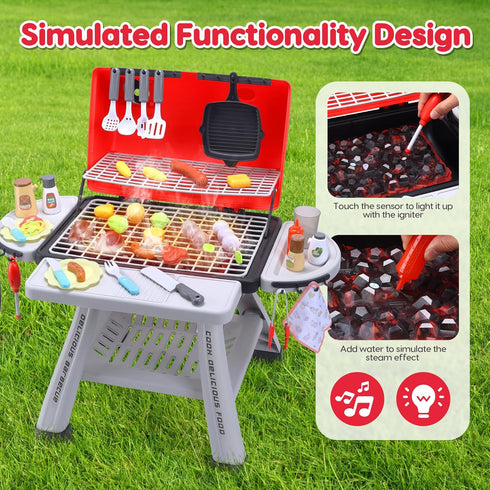 CUTE STONE Kids BBQ Grill Playset - Realistic Smoke Toy BBQ Grill with Accessories for Indoor Outdoor Pretend Play