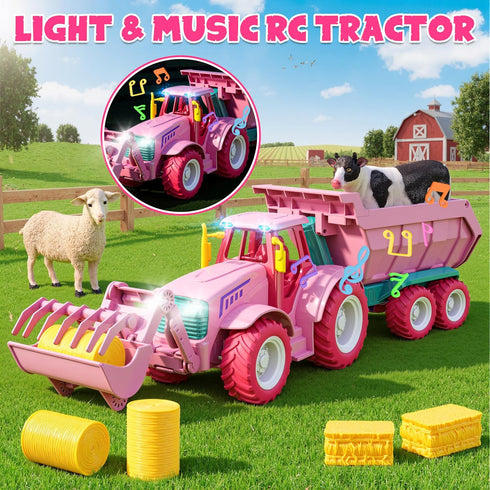 2.4GHz 3 4 5 6 7+ Funwee RC Farm Tractor Toy w/Light & Music, Kid Truck Toy w/Front Loader & Farm Animal, RC Tractor