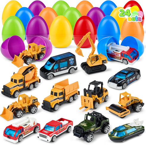 JOYIN 24 Pcs Prefilled Easter Eggs with Cars, Vehicle Toys for Boys