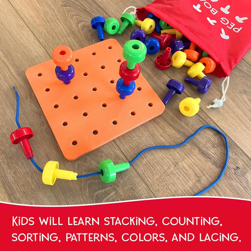 36 Foam Peg Board Toy - Pegs, Foam Board, Lacing String, Storage Bag - Occupational Therapy Toys - Fine Motor Skills