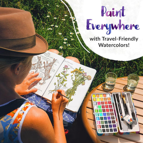 Watercolor Paint Set - 50 Travel Watercolors, Paint for Adults, Kids, Beginners, Palette with Paper, Brush, Art Supplies
