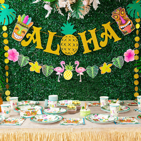 WERNNSAI Hawaiian Aloha Party Banner Decorations - Flamingo Pineapple Tiki Tropical Luau Party Supplies
