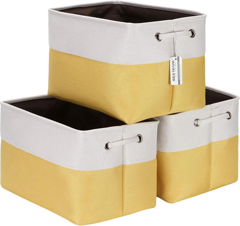 Sea Team 3-Pack Large Storage Basket Set, 15 x 10 x 10 Inches, Trunk Organizer for Clothes Toys Bin (Yellow/White)