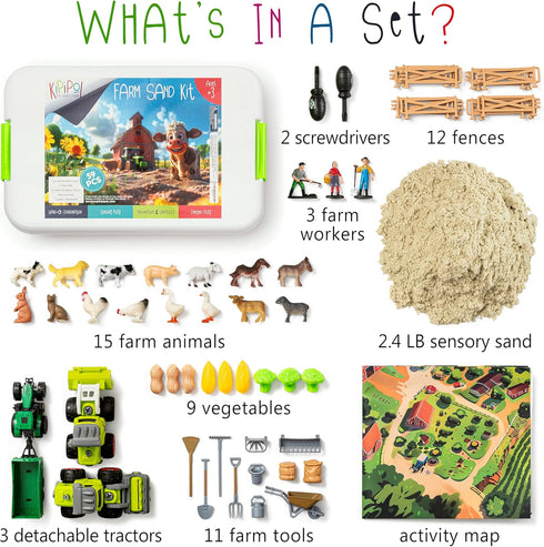 59 2.2 LB 3 5-7, 3-4 PCS Farm Sensory Bin - Sandbox with Lid, Sensory Sand Kit for Boys, Toddler Farm Toys, Take Apart