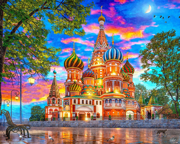 Majestic by Springbok - 1000 Piece Jigsaw Puzzle of St Basil's Cathedral at Sunset - Sunset at Basil's