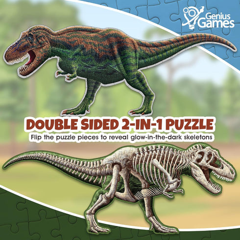 100-Piece 4 Tyrannosaurus Rex Dinosaur Jigsaw Puzzle | Double Sided Floor Puzzle with Glow-in-The-Dark Skeleton On
