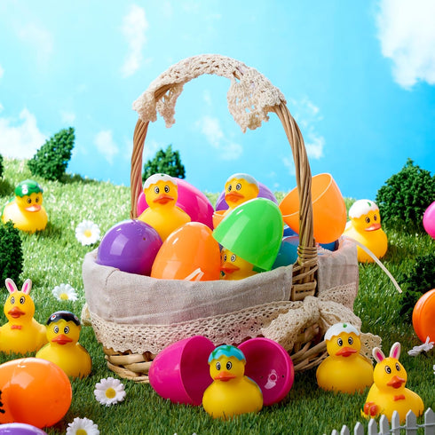 24 JOYIN Pcs Prefilled Easter Eggs with Rubber Ducks, Variety Duckies for Easter Egg Hunt, Kids Basket Stuffer, Bath