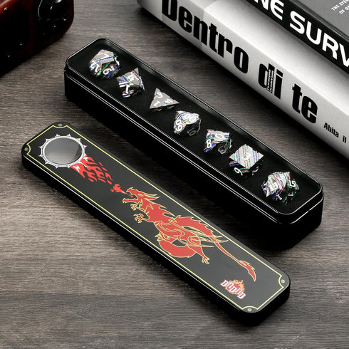 Set DNDND Colorful Stripe Metal Dice, Full Glitter Stripes Metallic DND Dice with Gift Metal Case for Dungeons