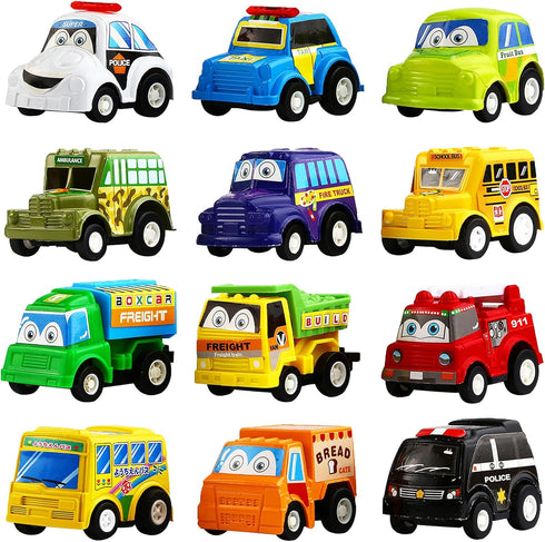 Funcorn Toys Pull Back Car, 12 Pack Assorted Mini Plastic Vehicle Set,