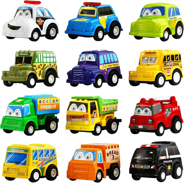 Funcorn Toys Pull Back Car, 12 Pack Assorted Mini Plastic Vehicle Set,