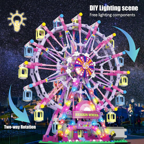 Ferris Wheel Building Block Set with Fairy Light, Two-Way Rotating Ferris Wheel Building Set, 813 Pieces, Amusement