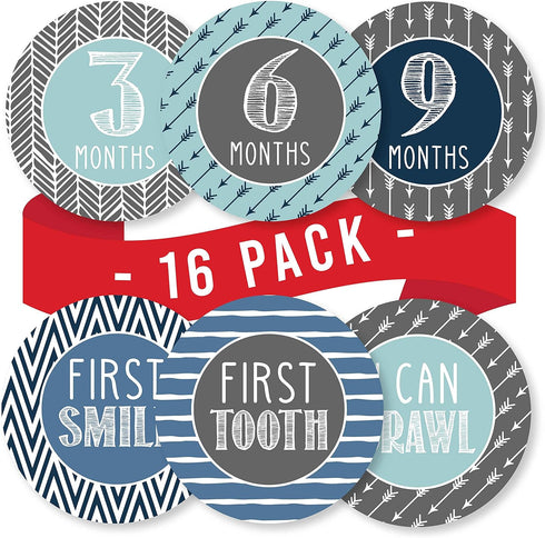 Hadley Designs 16 Monthly Baby Milestone Stickers for Baby Boy - Blue