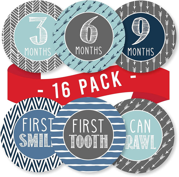 Hadley Designs 16 Monthly Baby Milestone Stickers for Baby Boy - Blue