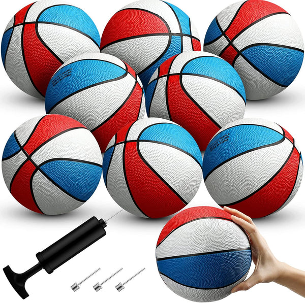 8 Pack 7 Inch Mini Rubber Basketballs Set with Air Pump, Junior Size 3 for Indoor Outdoor Games