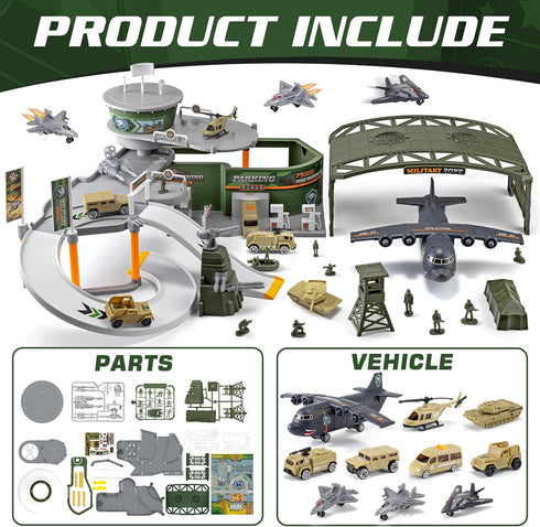 Set Military Base Toy Race Track with Airplane, Tanks, Cars, Helicopters, Fighter Jets, Army Men Action Figures