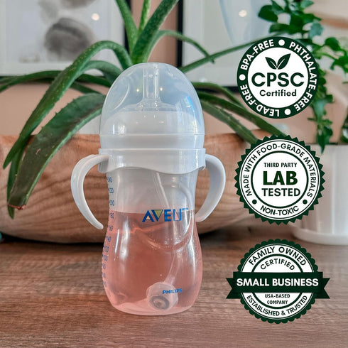Straw Cup Conversion Kit for Philips Avent Natural Baby Bottles, 2-Count Food Grade Silicone Straw Nipples and Handles