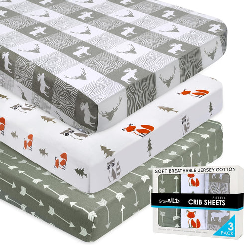 GROW WILD Forest Crib Sheets 3 Pack - Soft Neutral Grey Crib Sheets for Boys and Girls, Stretchy Fit