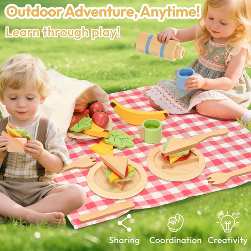 Set 30-Piece 3+ Pillowhale Wooden Play Food for Kids, Pretend Picnic Toy with Sandwiches, Fruits, Cups, Plates