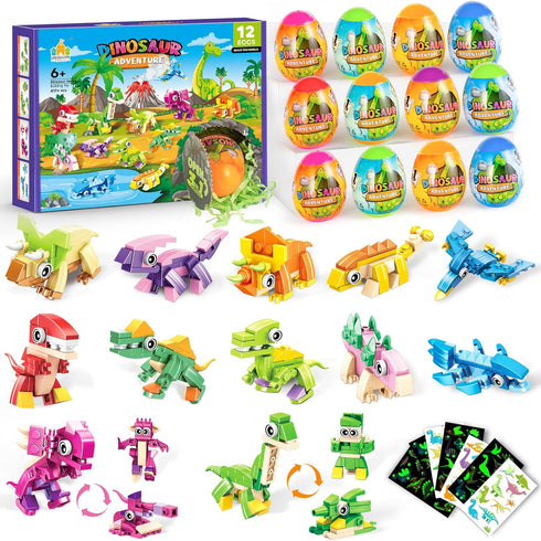 Easter Basket Stuffer - 12 Dinosaur Building Sets with Prefilled Eggs for