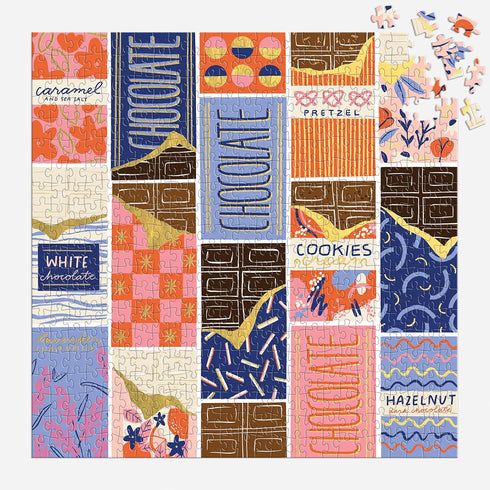 Galison 500 Piece Puzzle at The Chocolate Bar - Foil Puzzle of Chocolate Bar Wrapper Artwork with Gold Accents