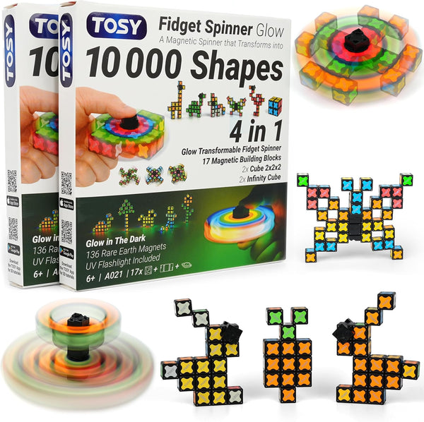 TOSY Magnet Fidget Spinner Glow - 16 Blocks, 3in1 Toy: Transformable Fidget