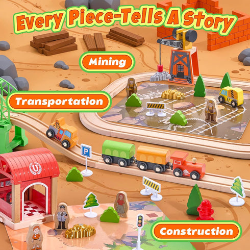 Set 102-Piece 3-8, Playset Wooden Train for Toddlers Kids Ages Double-Sided Expandable Train Track with Puzzles