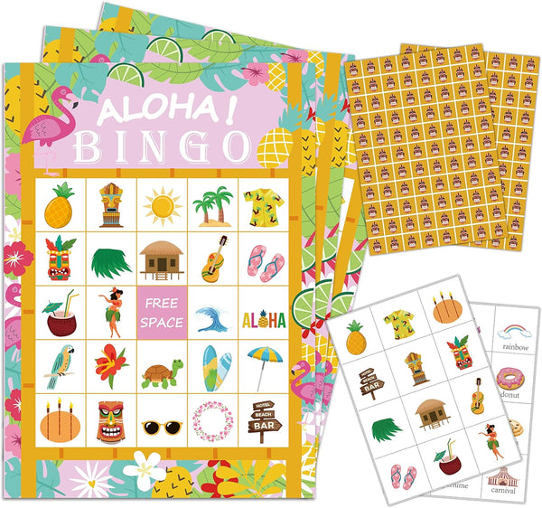 5"x7" Hawaiian Bingo Game Cards (24 Kinds), Luau Aloha Tropical Summer Party Game for Family Activities