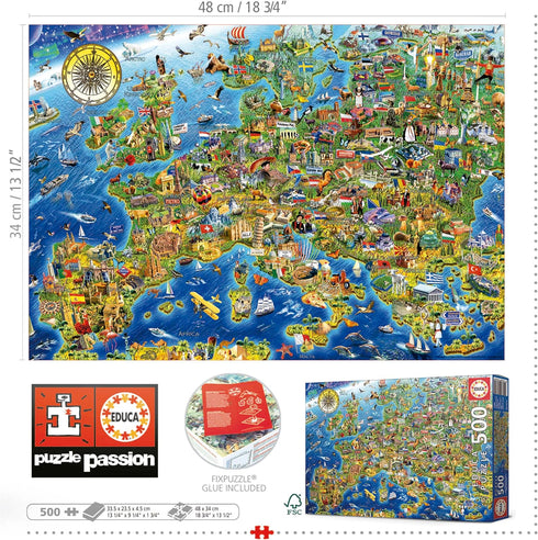 Educa 17962, Crazy, 500 Piece Puzzle for Adults and Children from 10 Years, Map of Europe, Multicoloured