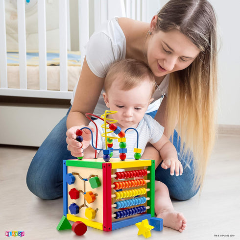 Play22 6 in-1 Counting Counting 8Pcs Wooden Activity Cube for Baby - Baby Activity Play Cube with Bead Maze, Shape