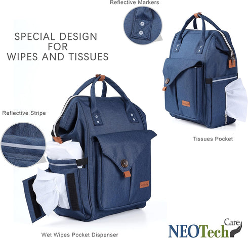 Backpack NeoTech Care Diaper Bag for Baby Girl/Boy, Wide Opening, Multifunction Organizing Pockets (Blue)
