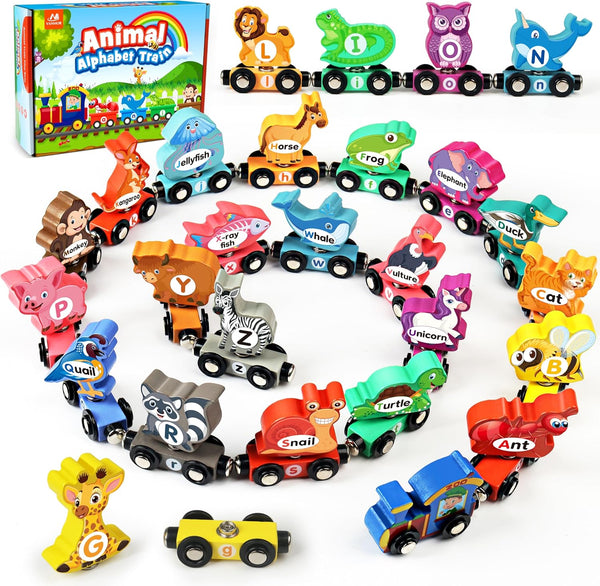 Vanmor Wooden Train Set for Toddlers - Snap-Connection Animal Trains, Magnetic Alphabet