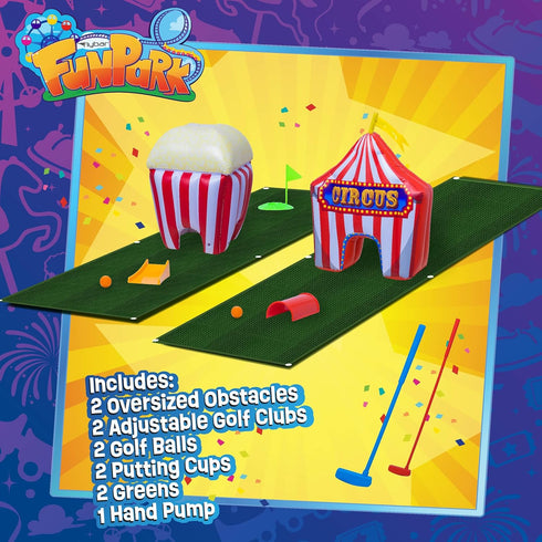 Set 13-Piece 6+ FunPark Inflatable Mini Golf Course with Adjustable Clubs, Balls, Putting Cups, Green Mats and Themed