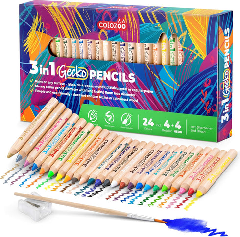 3 In 1 Colouring Pencils - 24 Colours Set inc. Brush and