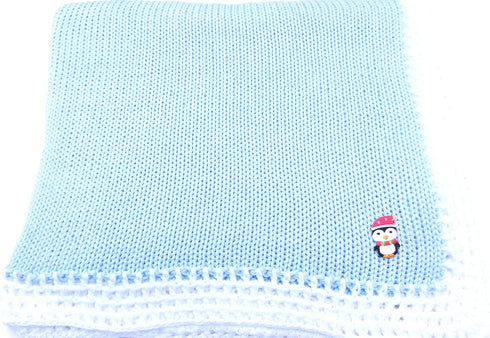 Sona Knitted Crochet Finished Blue Cotton White Trim Baby Blanket with Applique'
