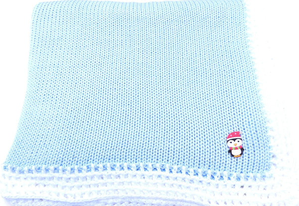 Sona Knitted Crochet Finished Blue Cotton White Trim Baby Blanket with Applique'