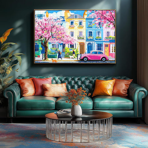 1000 (27.5" 19.7") Puzzles for Adults Pieces Urban Cherry Blossom Spring Street and Pink Vintage Car Art Jigsaw Puzzle