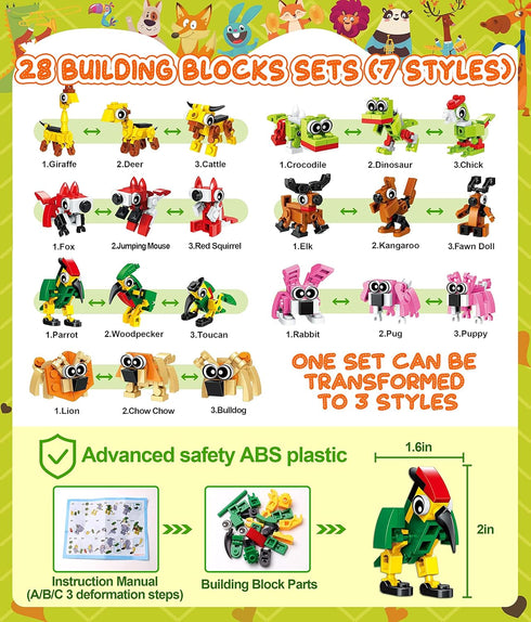 Valentines Day Gifts for Kids Classroom, 28 Packs Animal Building Blocks with Cards and Stickers for School Party Favors