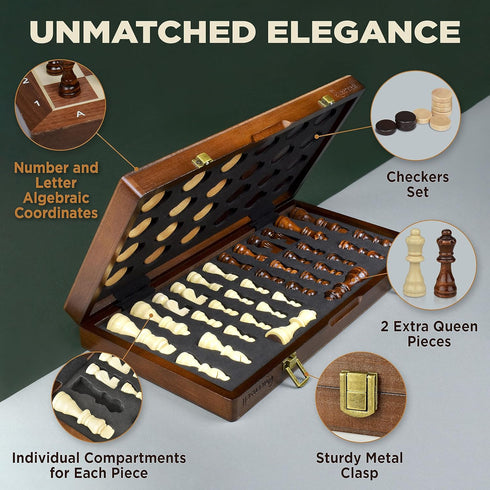 15-Inch Magnetic Chess Set - 2 in 1 Chess and Checkers Board Game for Adults and Kids, Tournament Chessboard