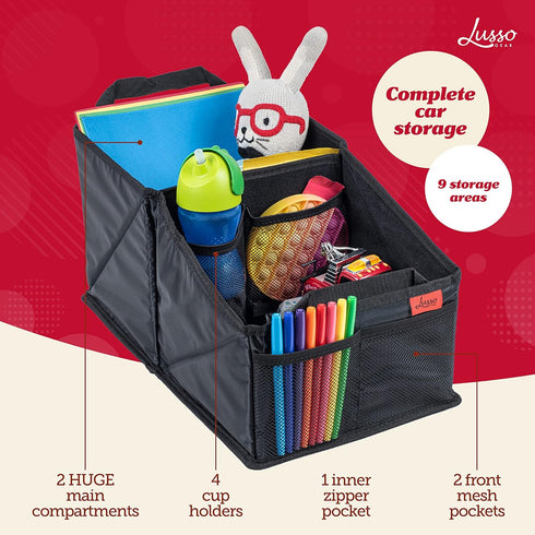 9 Lusso Gear Car Seat Organizer - Built-In Car Cup Holders & Mesh Pockets - Foldable Back Seat Organizer with Handles