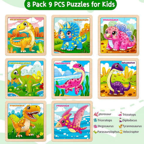 2-4, 8 Pack 9 2-4, 3-5, 3-5, Sets Wooden Dinosaur Puzzles for Toddlers PCS Jigsaw Puzzles for Kids Wooden Puzzles