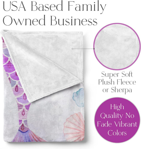 60x80) Personalized Blanket for Girls | Custom Mermaid Fleece Throw | Purple Kids Throw | Baby Girl Blanket for Room