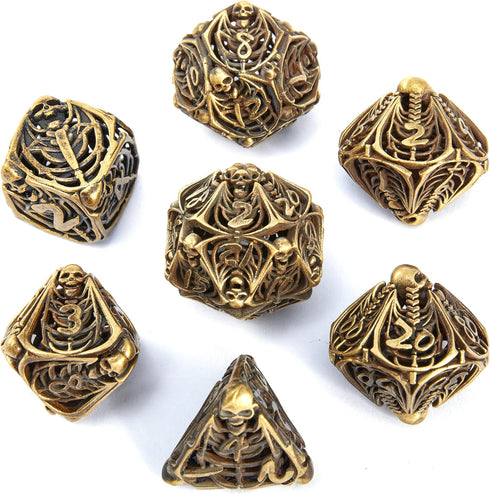 Metal Skull Dice Set, Hollow Multi-Sided Dungeons & Dragons Dice, 7CPS Role-playing Dice Set, Ancient Bronze