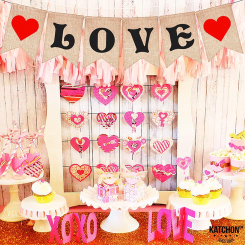 KatchOn Burlap Love Banner for Romantic Decoration - 7x5 Inch | No DIY | Engagement Party, Anniversary, Mothers Day
