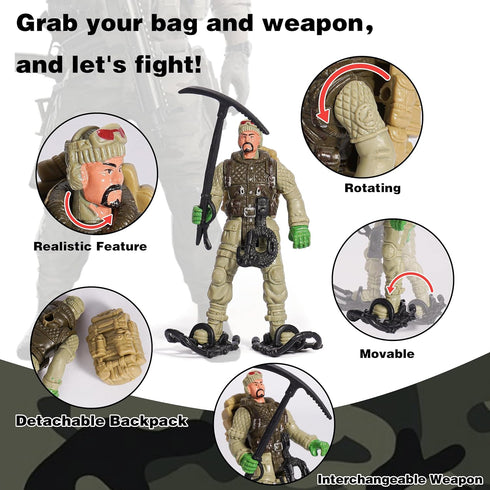 Army Toys Playset with 12 Realistic Army Men Action Figures and Accessories, Military Toy Soldiers for Boys and Girls